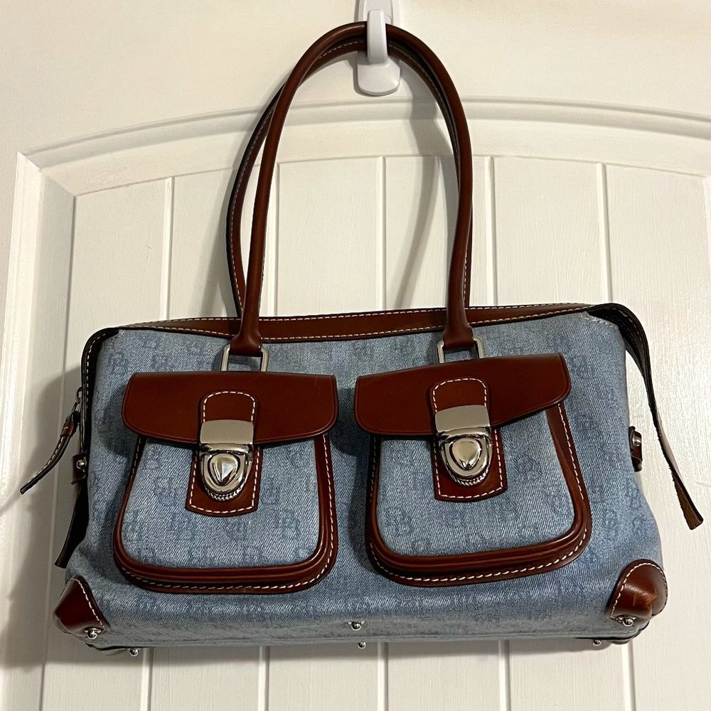 Donney & Bourke Signature Ladies Hand Bag, Blue Denim with Leather Trim.